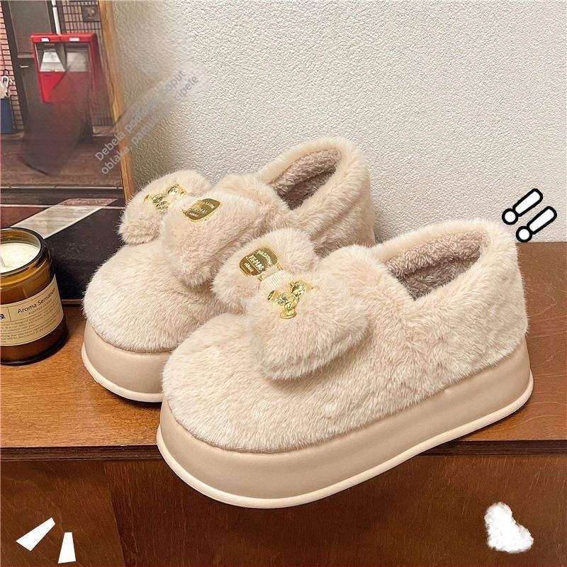 Ženske papuče s debelim potplatom, nubuk gornji dio, EVA potplat, korejski stil, crtani uzorak, zimsku pliš unutrašnjost, protuklizne (debljina potplata 0-3 cm)