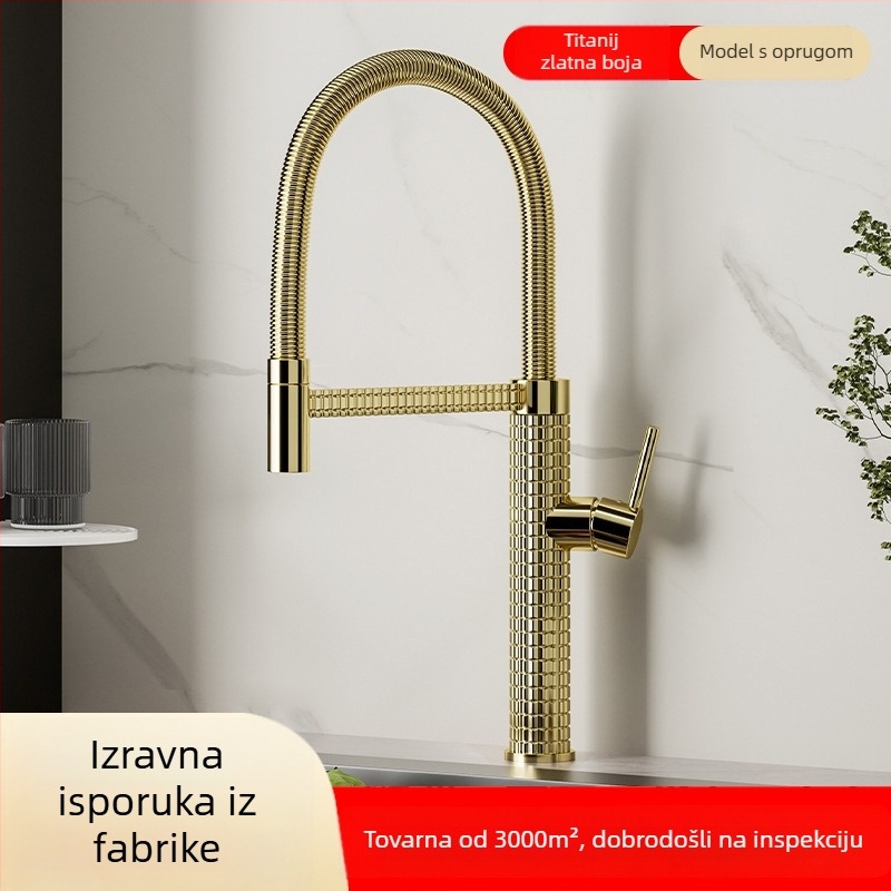 Bakreni kuhinjski miješalica s izvučnim rotirajućim prskalom, keramički disk ventila, model CY005, ulazi G1/2, 3/8, 9/16, elektroplakirani završetak