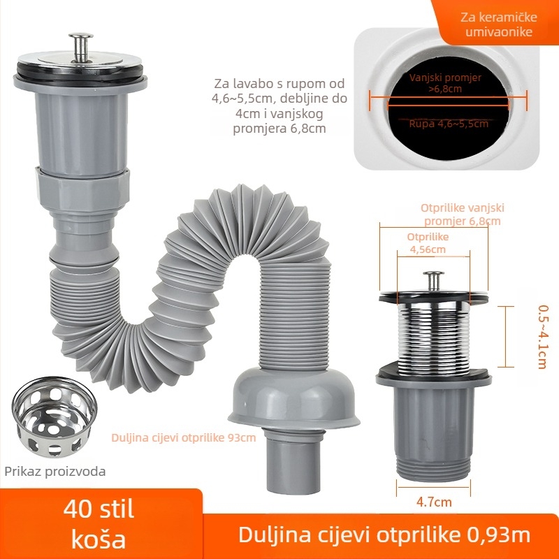 Set odvodnje kuhinjskog sudopera u starinskom stilu, model 110, s cijevi, za sudoper s jednim koritom