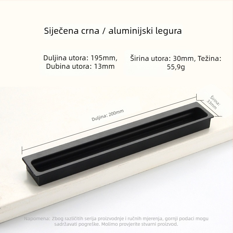 Ugrađena skrovita ručica za garderobu i ormar — produžena, za klizna vrata i ladice; Stil: moderni minimalizam; Materijal: aluminijeva legura; Postupak: elektroplatiranje; Model: Ugrađena skrovita ručica