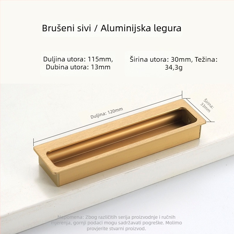 Ugrađena skrovita ručica za garderobu i ormar — produžena, za klizna vrata i ladice; Stil: moderni minimalizam; Materijal: aluminijeva legura; Postupak: elektroplatiranje; Model: Ugrađena skrovita ručica