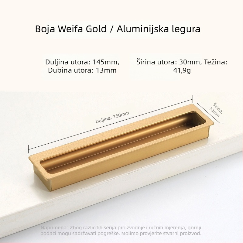Ugrađena skrovita ručica za garderobu i ormar — produžena, za klizna vrata i ladice; Stil: moderni minimalizam; Materijal: aluminijeva legura; Postupak: elektroplatiranje; Model: Ugrađena skrovita ručica