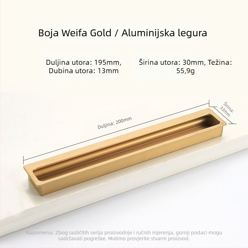Ugrađena skrovita ručica za garderobu i ormar — produžena, za klizna vrata i ladice; Stil: moderni minimalizam; Materijal: aluminijeva legura; Postupak: elektroplatiranje; Model: Ugrađena skrovita ručica