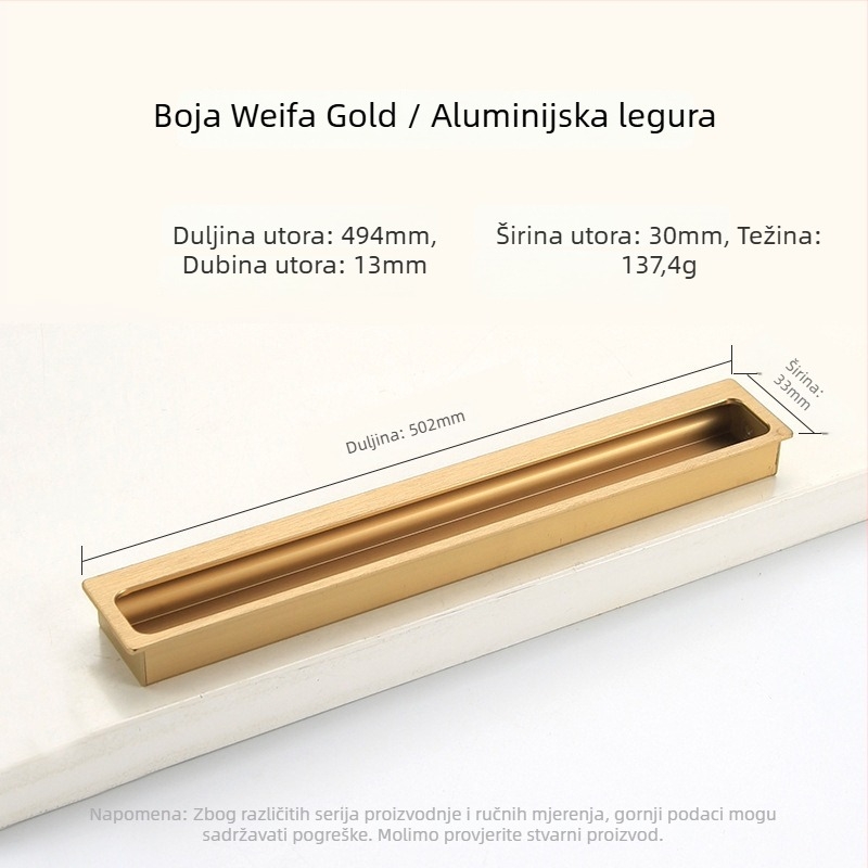 Ugrađena skrovita ručica za garderobu i ormar — produžena, za klizna vrata i ladice; Stil: moderni minimalizam; Materijal: aluminijeva legura; Postupak: elektroplatiranje; Model: Ugrađena skrovita ručica