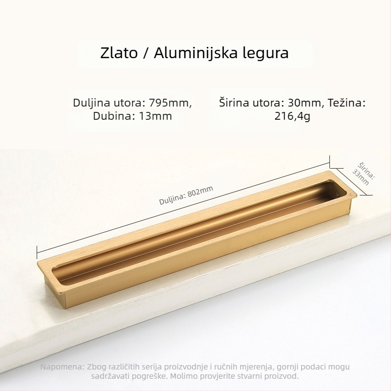 Ugrađena skrovita ručica za garderobu i ormar — produžena, za klizna vrata i ladice; Stil: moderni minimalizam; Materijal: aluminijeva legura; Postupak: elektroplatiranje; Model: Ugrađena skrovita ručica