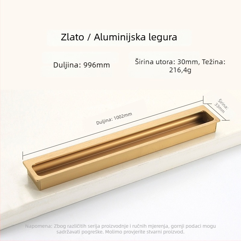 Ugrađena skrovita ručica za garderobu i ormar — produžena, za klizna vrata i ladice; Stil: moderni minimalizam; Materijal: aluminijeva legura; Postupak: elektroplatiranje; Model: Ugrađena skrovita ručica