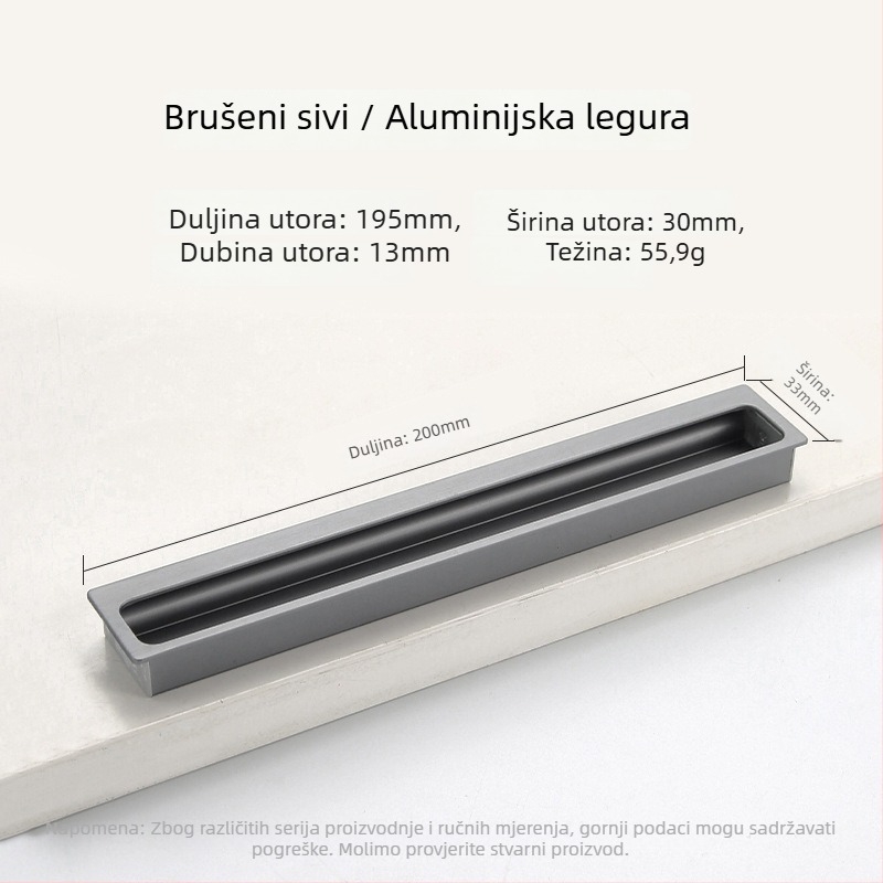 Ugrađena skrovita ručica za garderobu i ormar — produžena, za klizna vrata i ladice; Stil: moderni minimalizam; Materijal: aluminijeva legura; Postupak: elektroplatiranje; Model: Ugrađena skrovita ručica