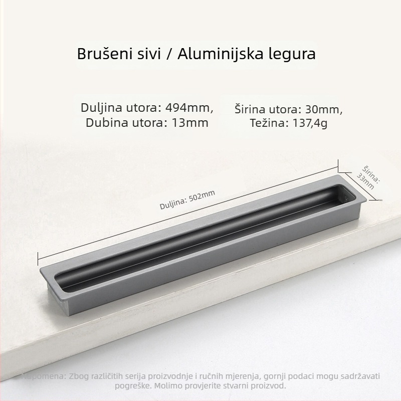 Ugrađena skrovita ručica za garderobu i ormar — produžena, za klizna vrata i ladice; Stil: moderni minimalizam; Materijal: aluminijeva legura; Postupak: elektroplatiranje; Model: Ugrađena skrovita ručica