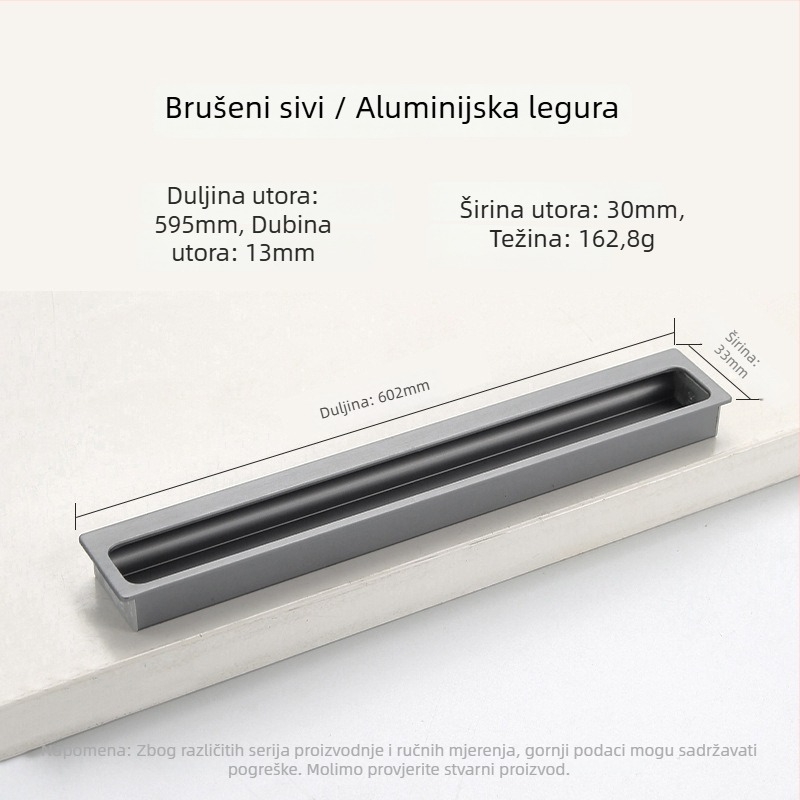 Ugrađena skrovita ručica za garderobu i ormar — produžena, za klizna vrata i ladice; Stil: moderni minimalizam; Materijal: aluminijeva legura; Postupak: elektroplatiranje; Model: Ugrađena skrovita ručica