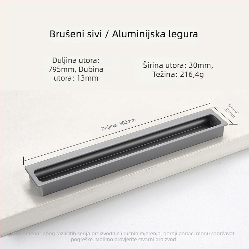 Ugrađena skrovita ručica za garderobu i ormar — produžena, za klizna vrata i ladice; Stil: moderni minimalizam; Materijal: aluminijeva legura; Postupak: elektroplatiranje; Model: Ugrađena skrovita ručica