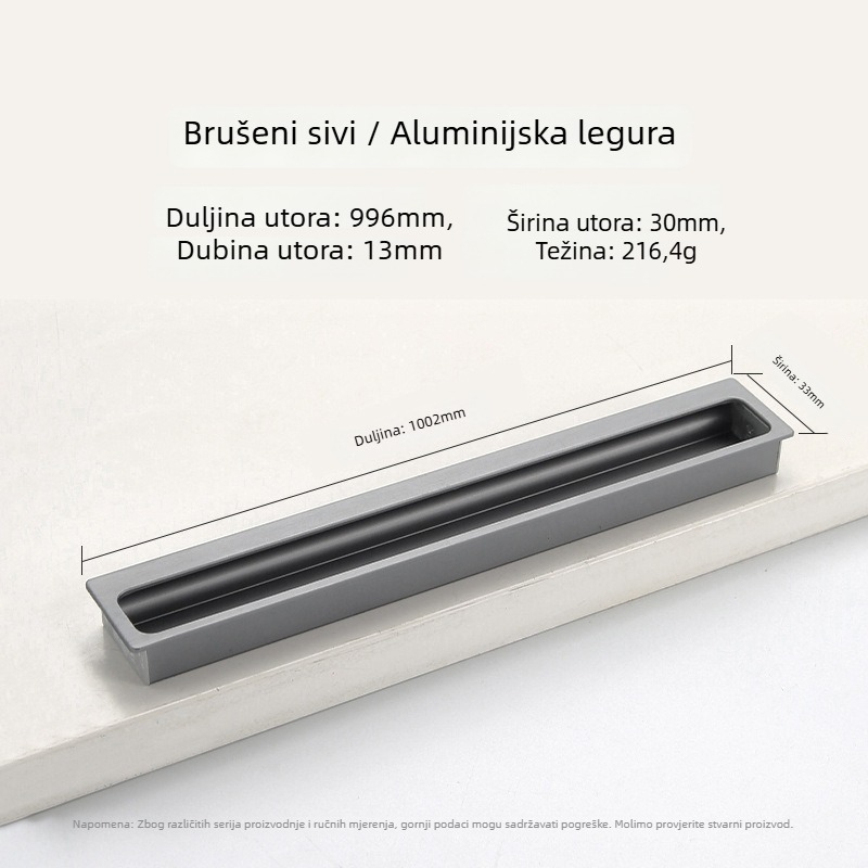 Ugrađena skrovita ručica za garderobu i ormar — produžena, za klizna vrata i ladice; Stil: moderni minimalizam; Materijal: aluminijeva legura; Postupak: elektroplatiranje; Model: Ugrađena skrovita ručica