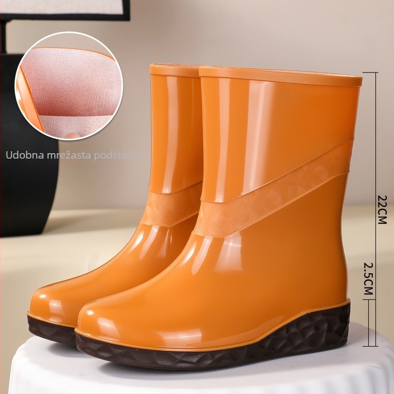 Ženske PVC vodootporne čizme za kišu, do sredine potkoljenice, mrežasti uzorak, debeli potplat, peta 3-5 cm