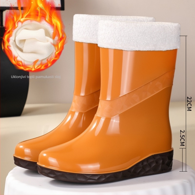 Ženske PVC vodootporne čizme za kišu, do sredine potkoljenice, mrežasti uzorak, debeli potplat, peta 3-5 cm