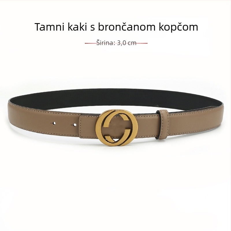 Ženski kožni kaiš od prave kože s kopčom od legure, glatka kopča, širina 2-4 cm, drugi sloj kože, antik završna obrada elektroplakiranja