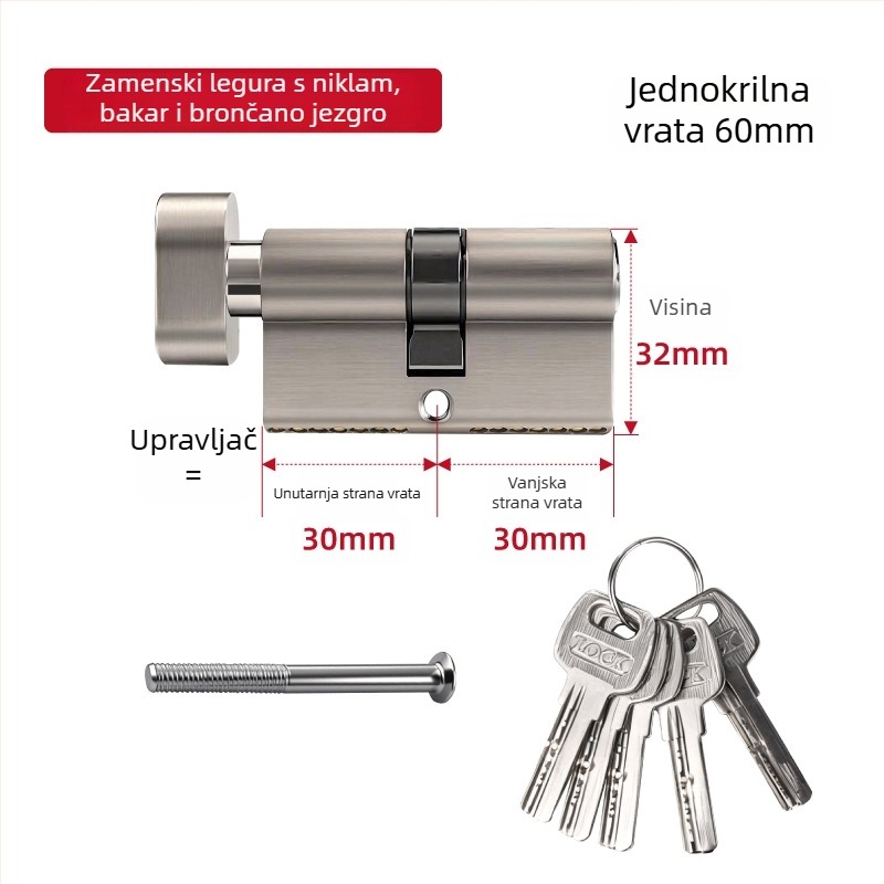 Meden cilindar brave za unutarnja vrata i protu-krađu vrata, univerzalni cilindar za termo-razdvojena aluminijsko-plastična vrata, europski standard