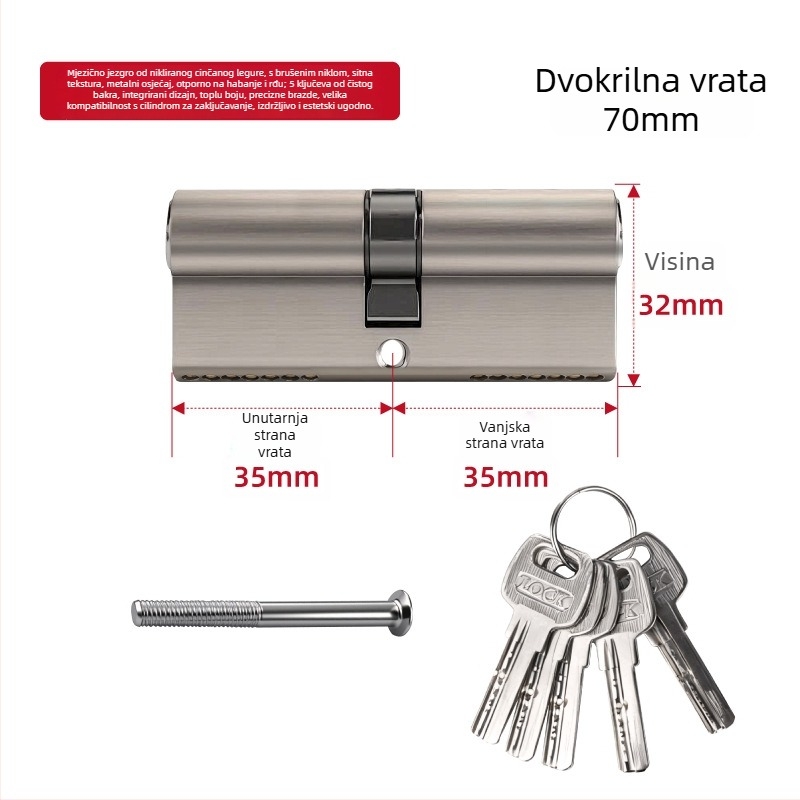 Meden cilindar brave za unutarnja vrata i protu-krađu vrata, univerzalni cilindar za termo-razdvojena aluminijsko-plastična vrata, europski standard