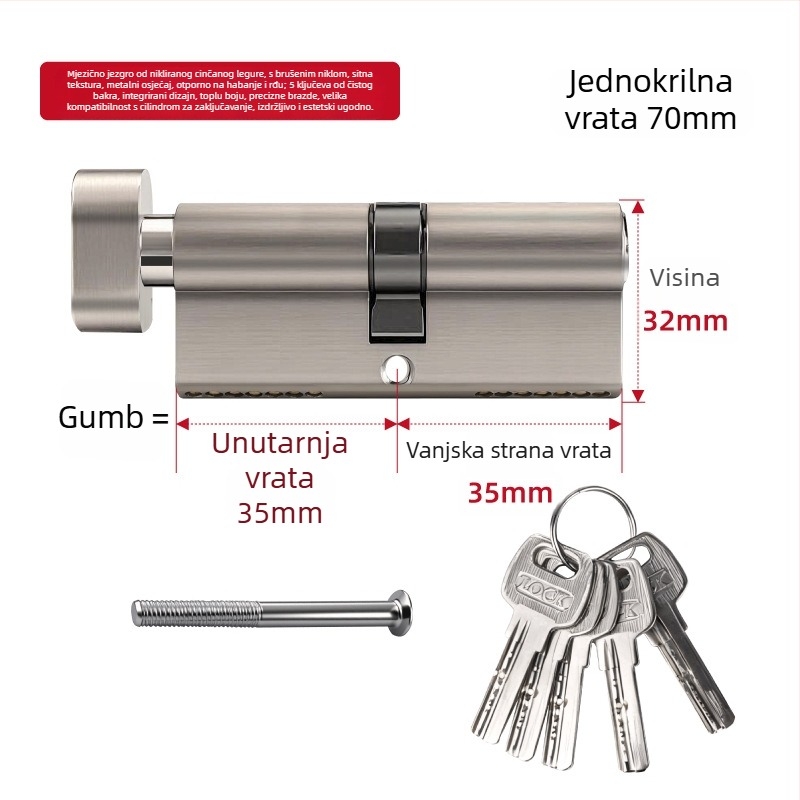 Meden cilindar brave za unutarnja vrata i protu-krađu vrata, univerzalni cilindar za termo-razdvojena aluminijsko-plastična vrata, europski standard