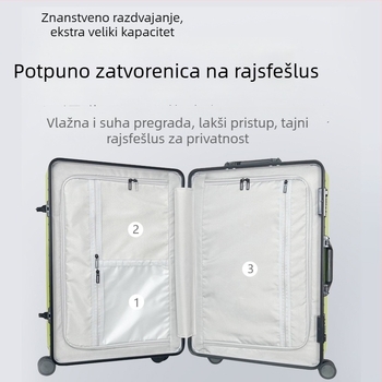 Unisex tvrdi kofer s aluminijskim okvirom, PC vanjska ovojnina i univerzalni kotačići, kapacitet 56–75 L, s bravom