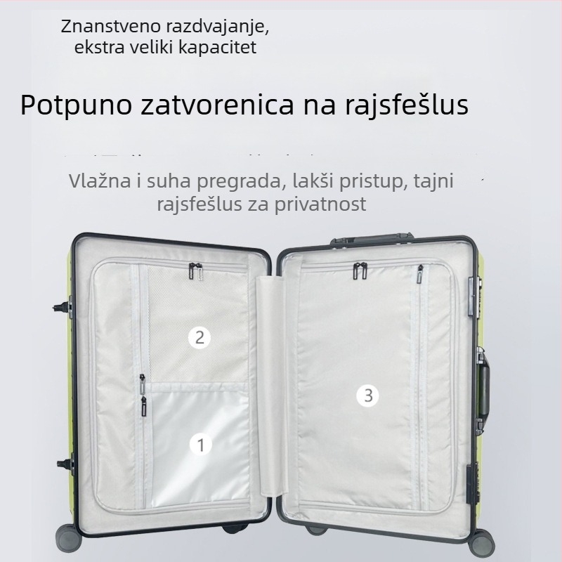 Unisex tvrdi kofer s aluminijskim okvirom, PC vanjska ovojnina i univerzalni kotačići, kapacitet 56–75 L, s bravom