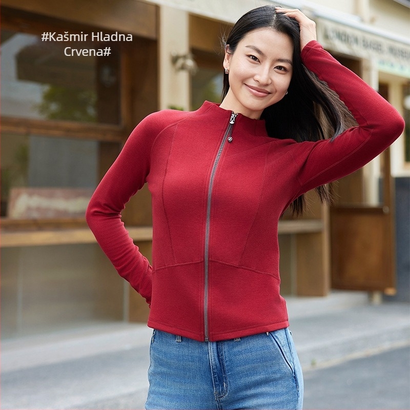 Ženski kaput od akrila, uski kroj, zip, dugi rukavi, stojeći ovratnik