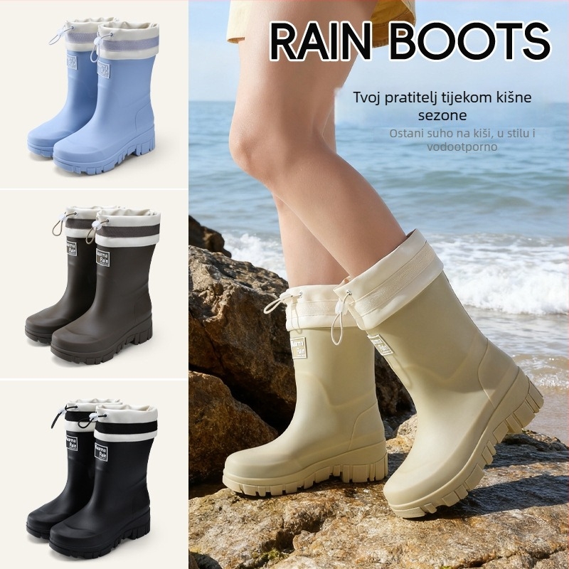 Ženske PVC čizme do sredine potkoljenice, debeli đon, visina pete 3-5 cm, outdoor stil