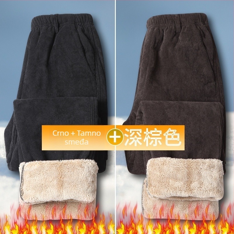 Muške casual hlače od kordure s fleece podstavom, visokim strukom, opuštenim krojem, vezanje šnira