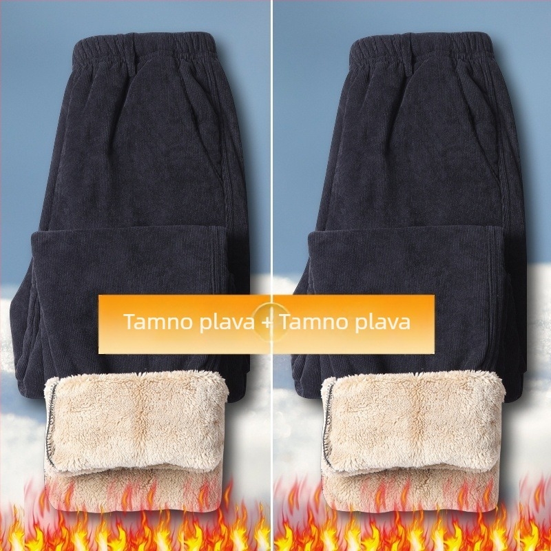Muške casual hlače od kordure s fleece podstavom, visokim strukom, opuštenim krojem, vezanje šnira