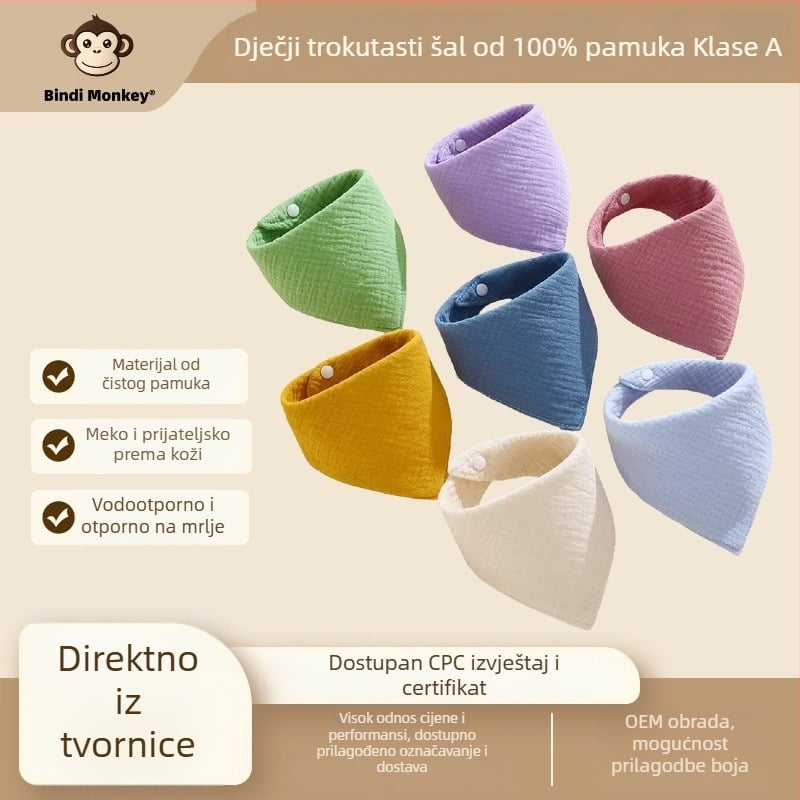 Trokutasti dječji salveta od gaze od 100% pamuka, četiri sloja, A-klase, vodootporna, za djecu od 0 do 6 godina