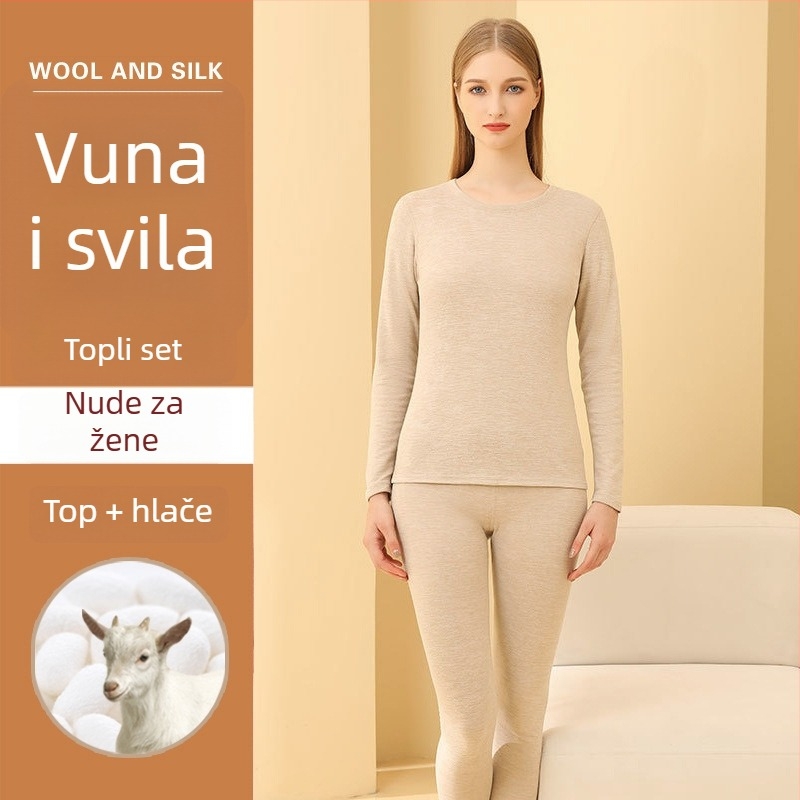 Unisex kašmir-vuna termalni set donjeg rublja s baršunastom podstavom, dvostruka toplinska izolacija, pulover s okruglim izrezom i hlače