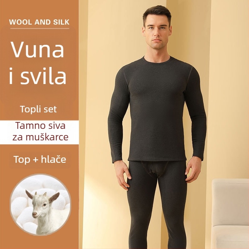 Unisex kašmir-vuna termalni set donjeg rublja s baršunastom podstavom, dvostruka toplinska izolacija, pulover s okruglim izrezom i hlače