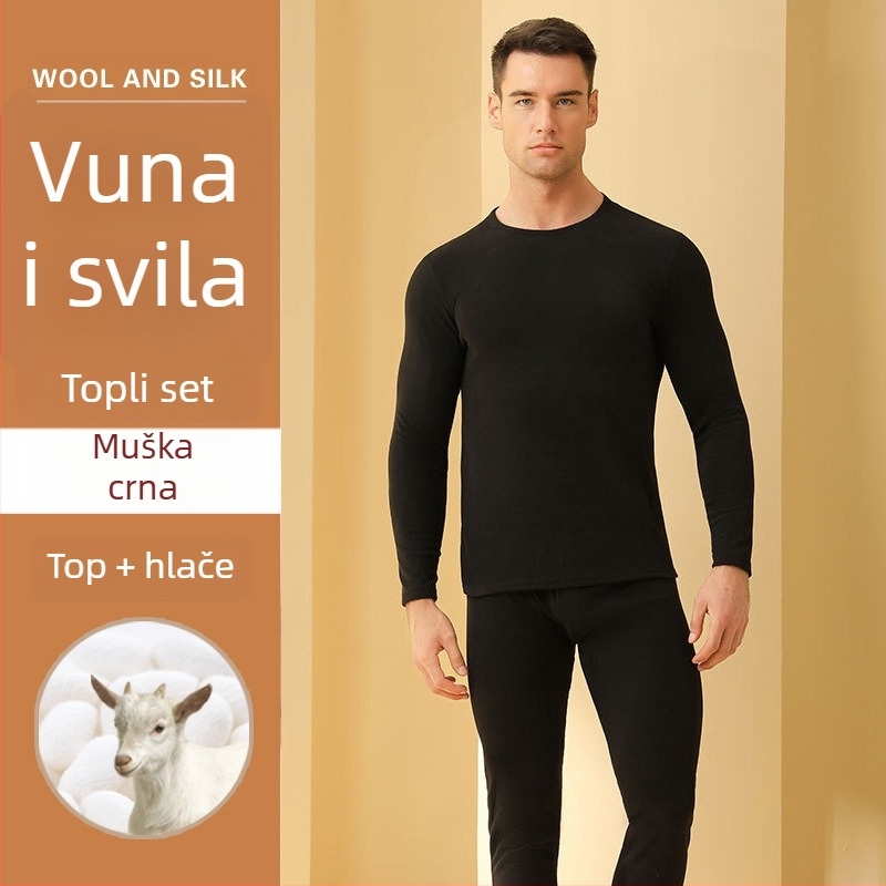 Unisex kašmir-vuna termalni set donjeg rublja s baršunastom podstavom, dvostruka toplinska izolacija, pulover s okruglim izrezom i hlače
