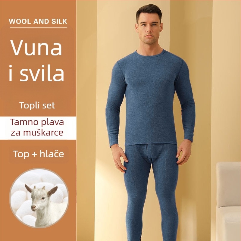Unisex kašmir-vuna termalni set donjeg rublja s baršunastom podstavom, dvostruka toplinska izolacija, pulover s okruglim izrezom i hlače