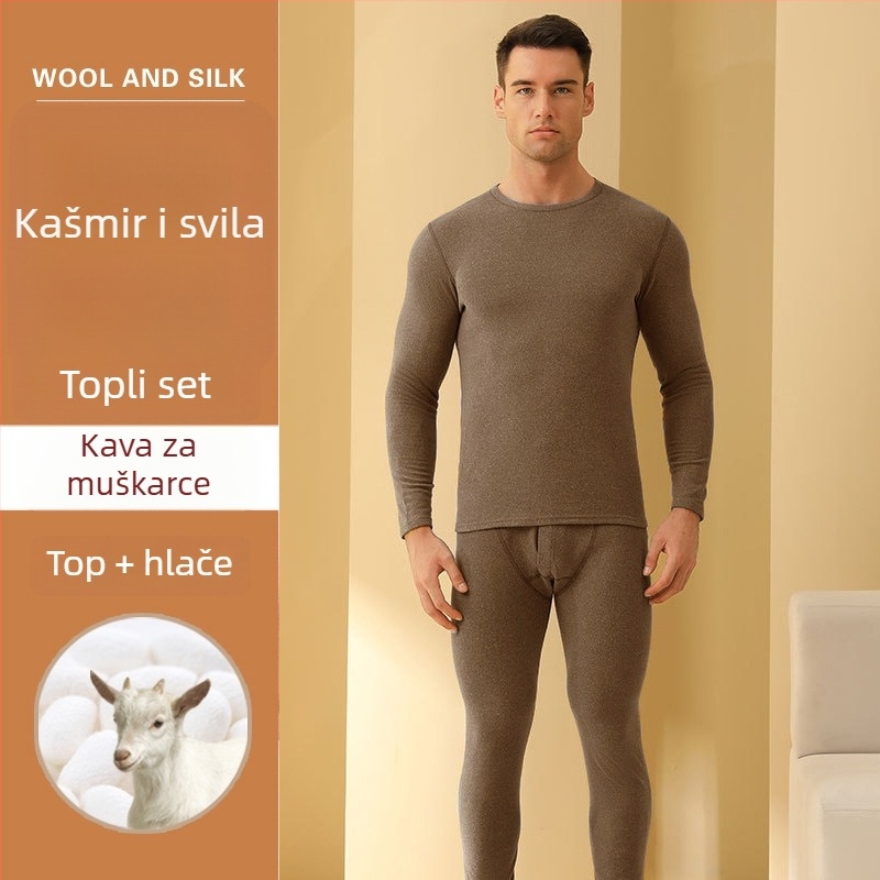 Unisex kašmir-vuna termalni set donjeg rublja s baršunastom podstavom, dvostruka toplinska izolacija, pulover s okruglim izrezom i hlače
