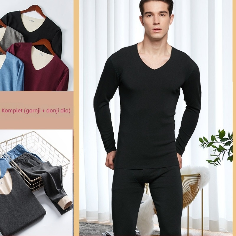 Unisex kašmir-vuna termalni set donjeg rublja s baršunastom podstavom, dvostruka toplinska izolacija, pulover s okruglim izrezom i hlače