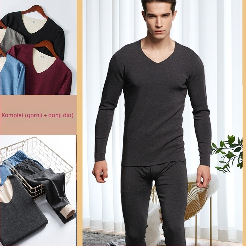 Unisex kašmir-vuna termalni set donjeg rublja s baršunastom podstavom, dvostruka toplinska izolacija, pulover s okruglim izrezom i hlače