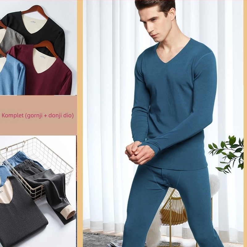 Unisex kašmir-vuna termalni set donjeg rublja s baršunastom podstavom, dvostruka toplinska izolacija, pulover s okruglim izrezom i hlače