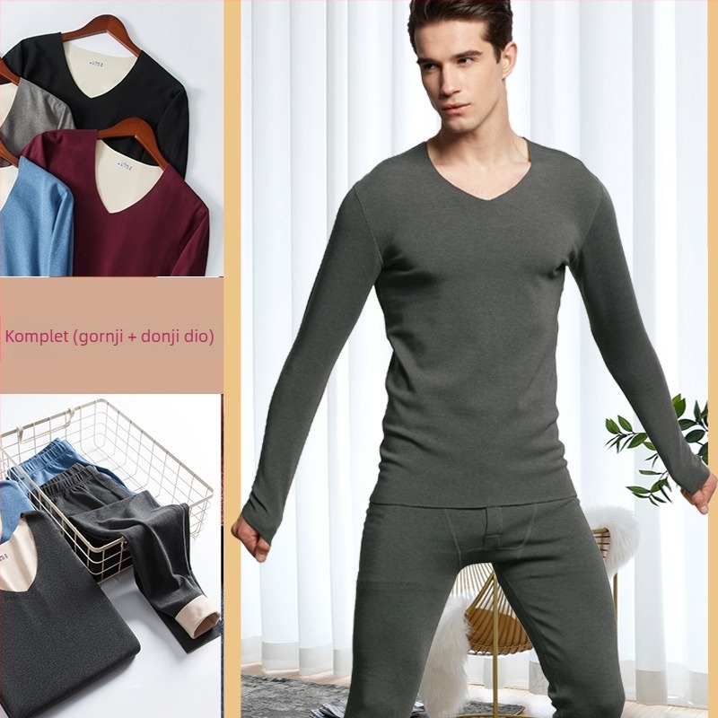 Unisex kašmir-vuna termalni set donjeg rublja s baršunastom podstavom, dvostruka toplinska izolacija, pulover s okruglim izrezom i hlače