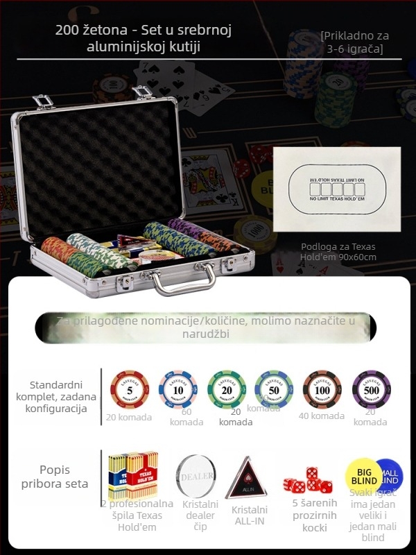 Texas Hold'em set glinenih žetona i aluminijske kutije, konstrukcija od nehrđajućeg čelika, dizajn s pravim kutem, model YTH960467850261