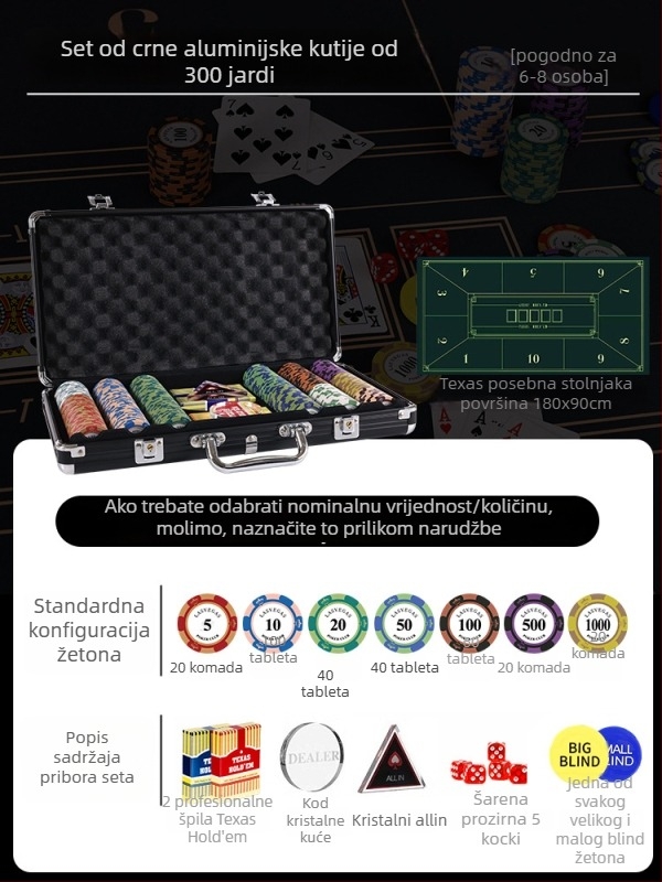 Texas Hold'em set glinenih žetona i aluminijske kutije, konstrukcija od nehrđajućeg čelika, dizajn s pravim kutem, model YTH960467850261