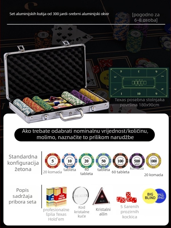 Texas Hold'em set glinenih žetona i aluminijske kutije, konstrukcija od nehrđajućeg čelika, dizajn s pravim kutem, model YTH960467850261
