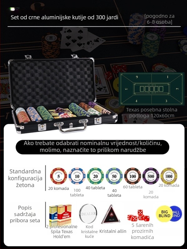 Texas Hold'em set glinenih žetona i aluminijske kutije, konstrukcija od nehrđajućeg čelika, dizajn s pravim kutem, model YTH960467850261