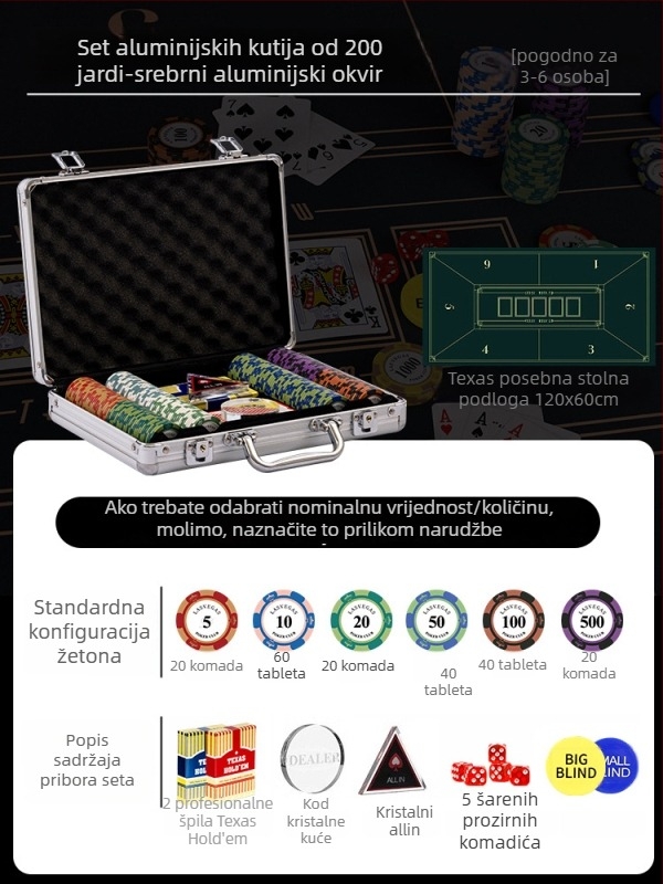 Texas Hold'em set glinenih žetona i aluminijske kutije, konstrukcija od nehrđajućeg čelika, dizajn s pravim kutem, model YTH960467850261