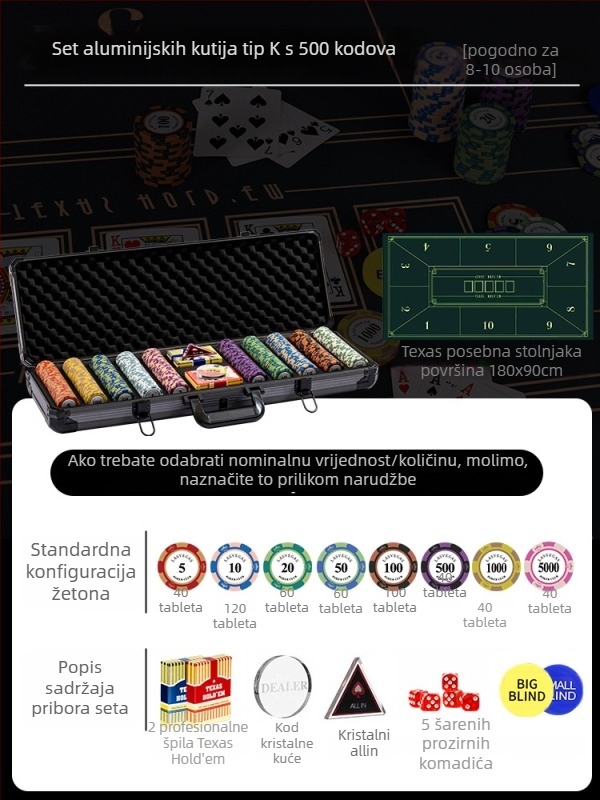 Texas Hold'em set glinenih žetona i aluminijske kutije, konstrukcija od nehrđajućeg čelika, dizajn s pravim kutem, model YTH960467850261