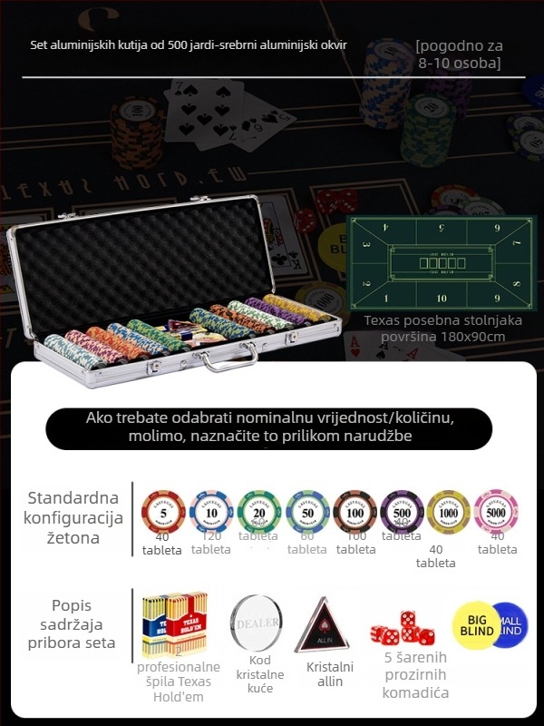 Texas Hold'em set glinenih žetona i aluminijske kutije, konstrukcija od nehrđajućeg čelika, dizajn s pravim kutem, model YTH960467850261