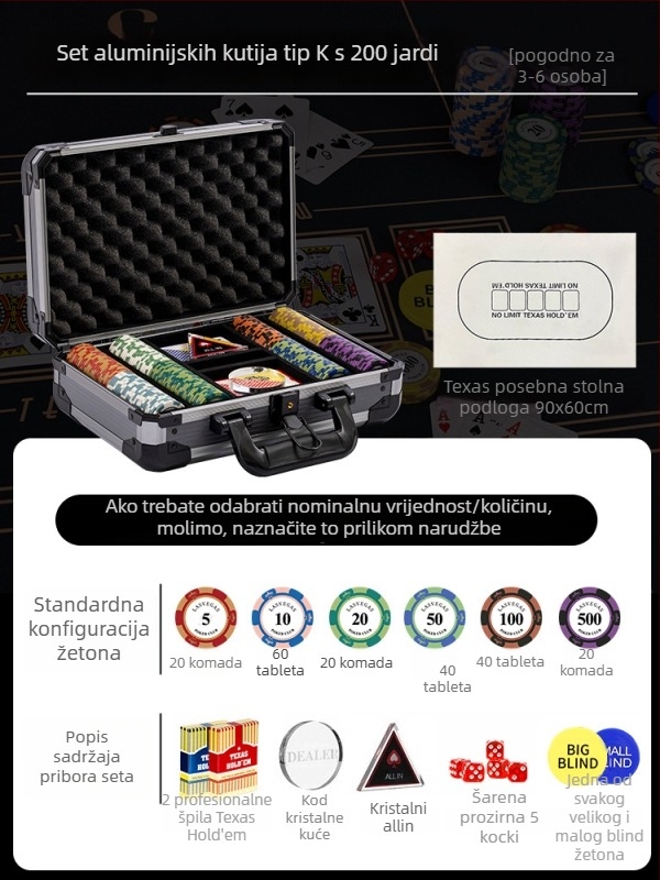 Texas Hold'em set glinenih žetona i aluminijske kutije, konstrukcija od nehrđajućeg čelika, dizajn s pravim kutem, model YTH960467850261