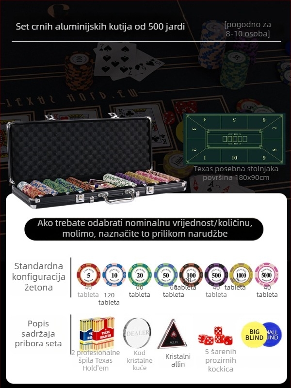 Texas Hold'em set glinenih žetona i aluminijske kutije, konstrukcija od nehrđajućeg čelika, dizajn s pravim kutem, model YTH960467850261