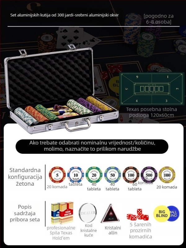 Texas Hold'em set glinenih žetona i aluminijske kutije, konstrukcija od nehrđajućeg čelika, dizajn s pravim kutem, model YTH960467850261