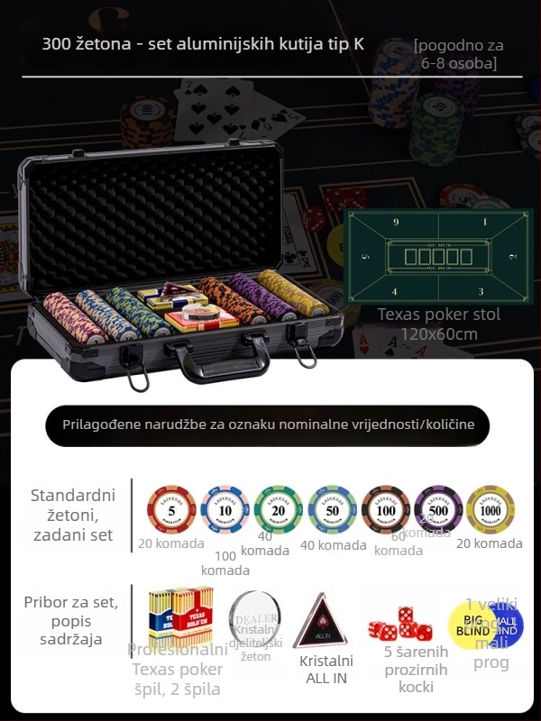 Texas Hold'em set glinenih žetona i aluminijske kutije, konstrukcija od nehrđajućeg čelika, dizajn s pravim kutem, model YTH960467850261
