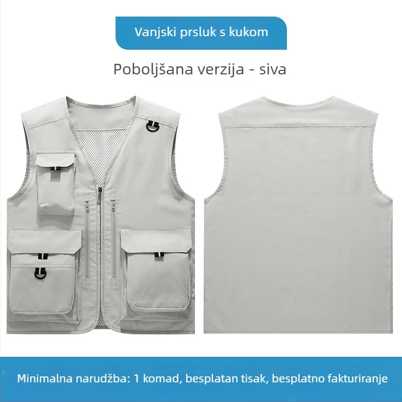 Visokokvalitetna radna bezrukavka s više džepova i prilagođenim logom za korporativne timove, fotografiju i ribolov