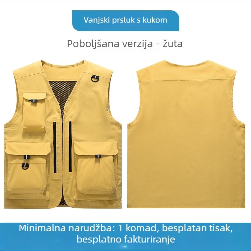 Visokokvalitetna radna bezrukavka s više džepova i prilagođenim logom za korporativne timove, fotografiju i ribolov